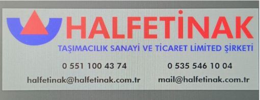 SIZ URETIN BIZ TASIRIZ                                                                                                                                                                                                                  WADSAPTAN DURUM GUNCELI TAKIP EDEBILIRSINIZ  HAVA LIMANLARINA  DENİZ LIMANLARINA  KARASAL TASIYICILARINA  YUKLERINIZ TESLIM EDILIR  En hızlı, En kaliteli ve En güvenilir taşımacılık hizmeti için...  HALFETİNAK TASIMACILIK SANAYI VE TICARET LIMITED SIRKETI  GSM::::05511004374  halfetinak@halfetinak.com.tr